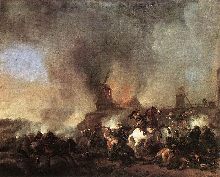Philips Wouwerman Cavalry Battle in front of a Burning Mill by Philip Wouwerman oil painting image